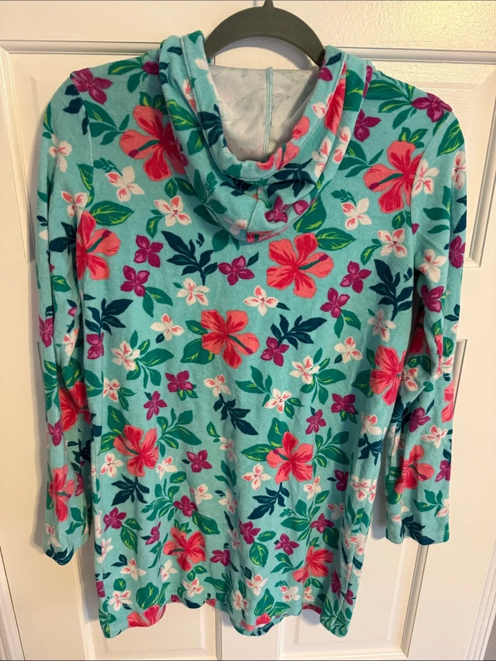 Lands' End Terry Teal Floral Hooded Girls' Swim Coverup